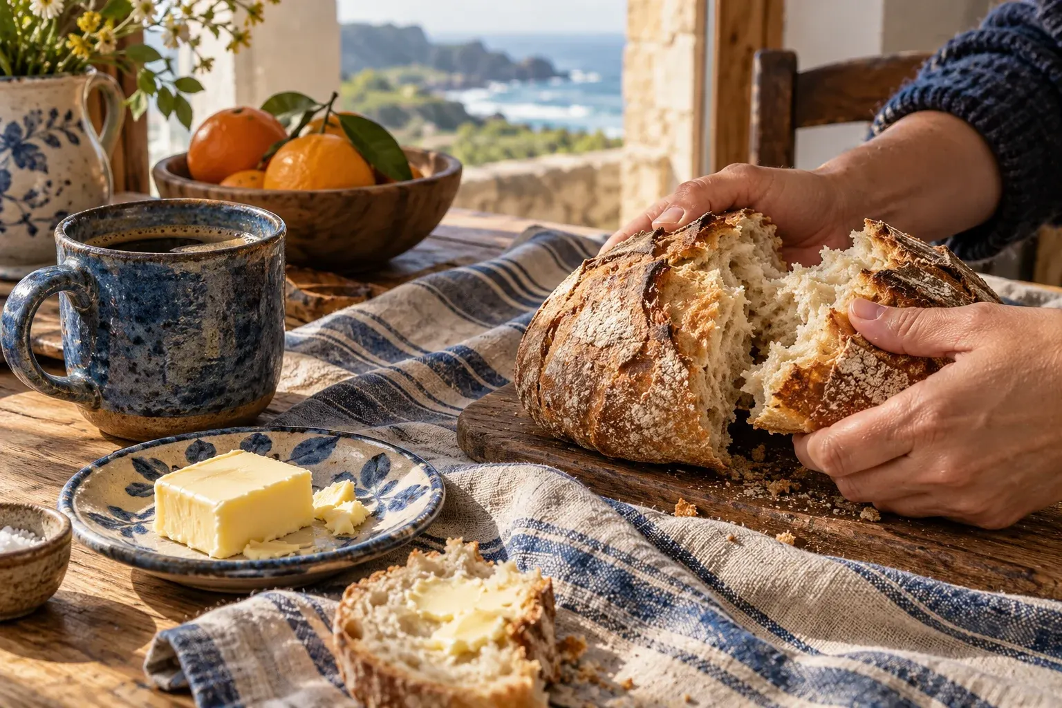 Blue handmade coffee cup, fresh bread and striped linen at the breakfast table