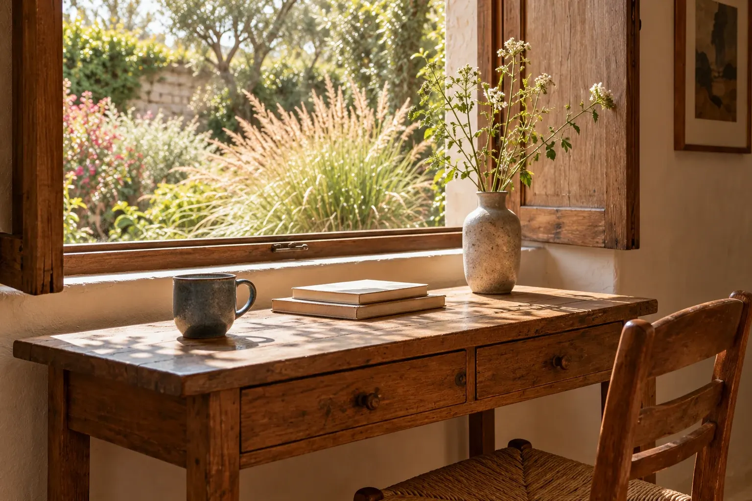 A writing desk, a handmade blue cup and light from the garden window