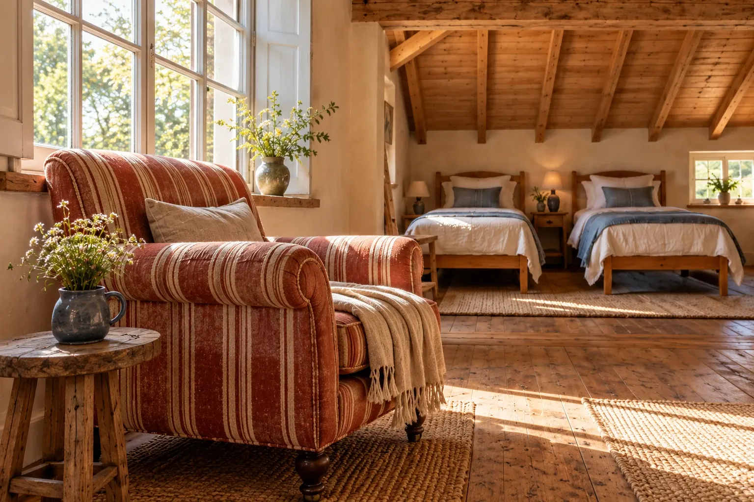 A striped armchair beside the two single beds