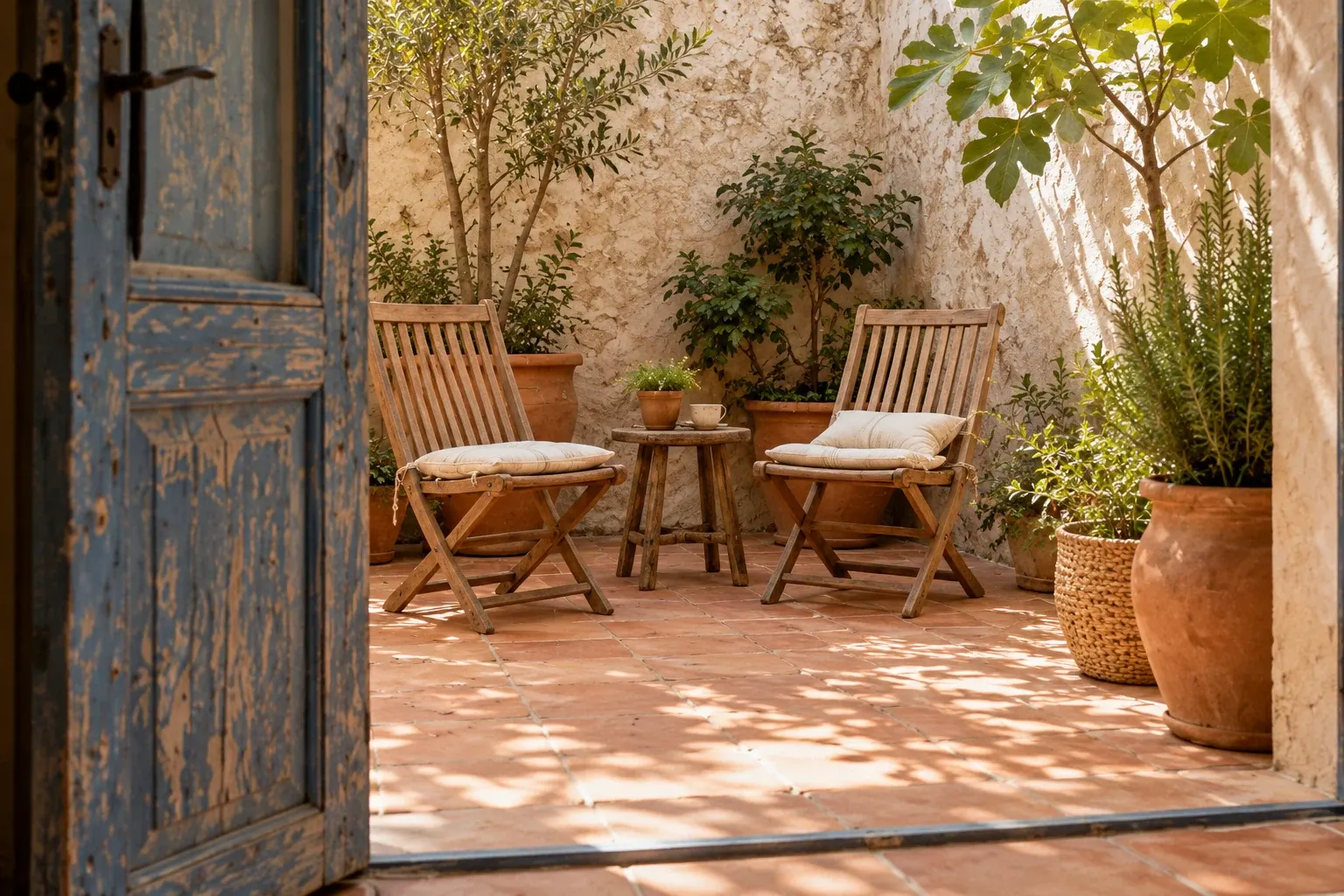 Blue doors, terracotta and two courtyard chairs