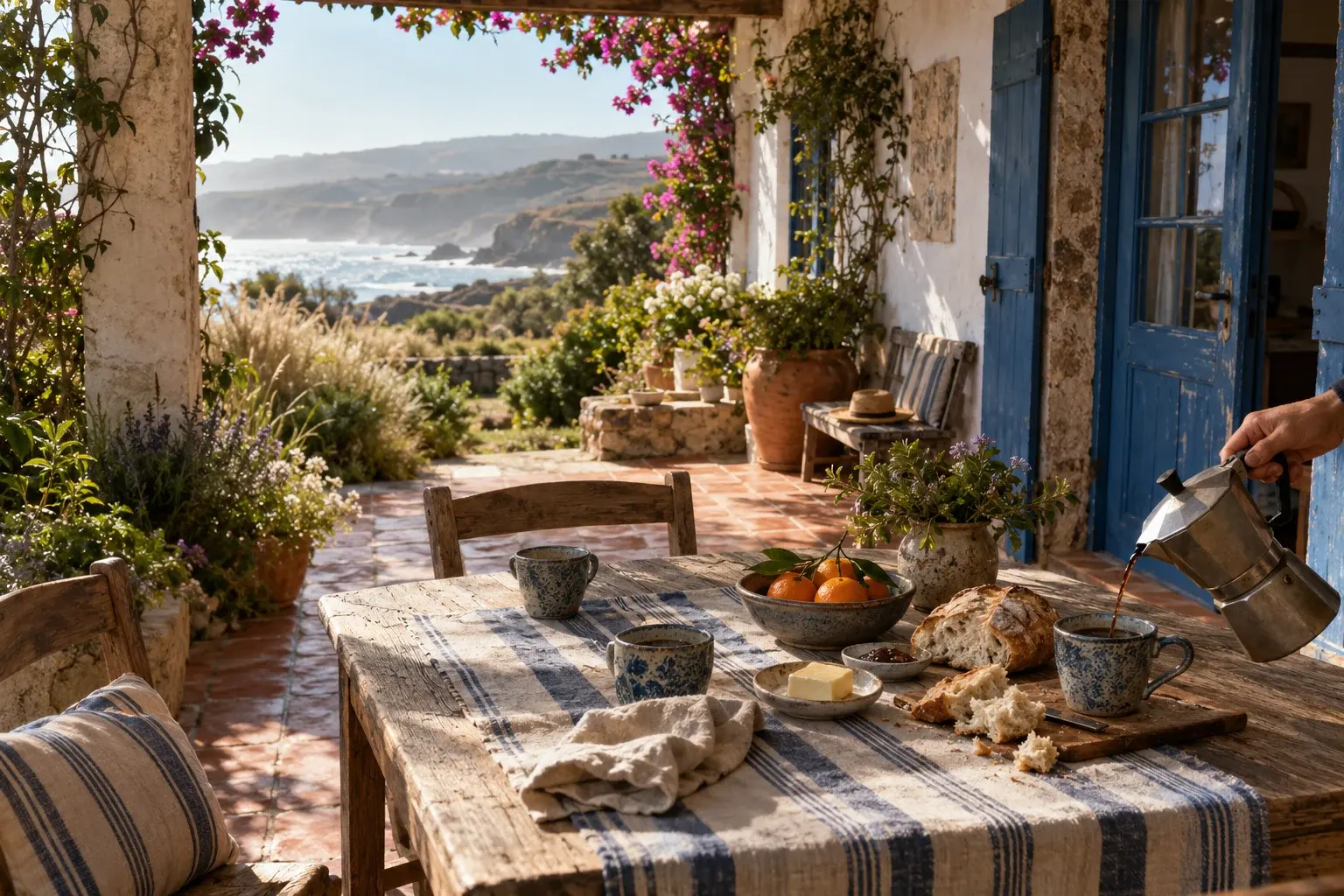 Blue shutters, terracotta tiles and breakfast laid on a wooden table at a coastal house