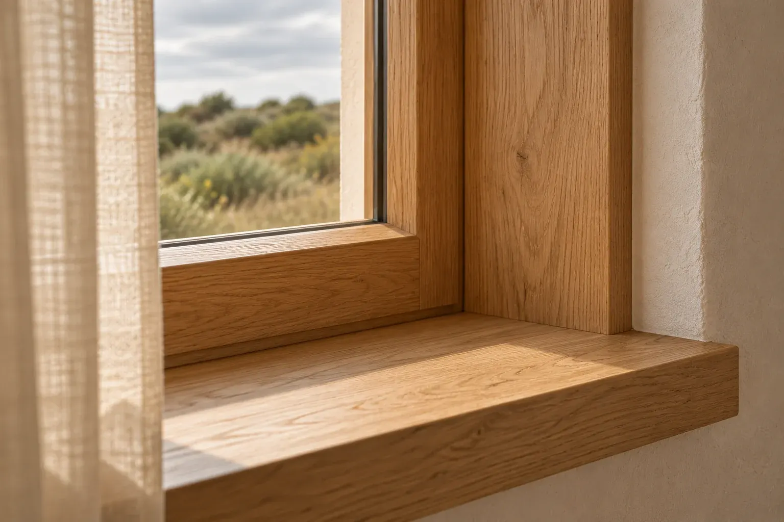 Close detail of pale oak grain and the warm texture of the house materials