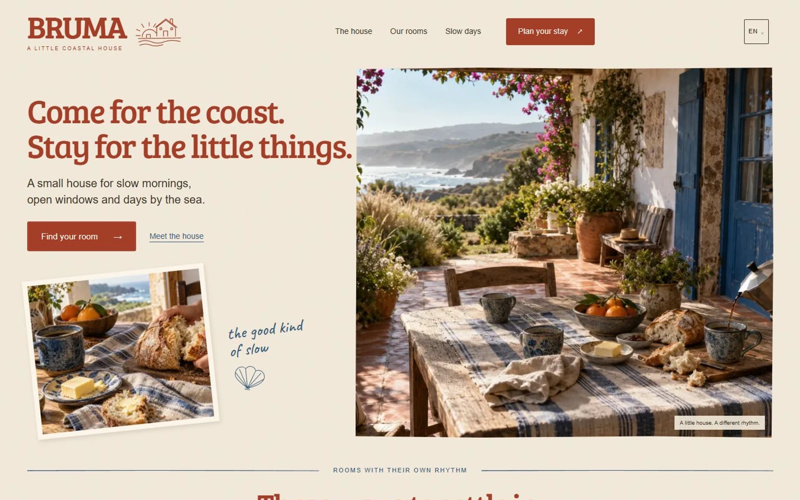 BRUMA craft website: clay-red typography, blue shutters and an inviting breakfast table