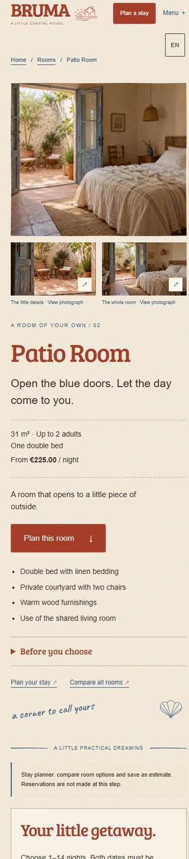 The warm Patio Room page on a narrow screen