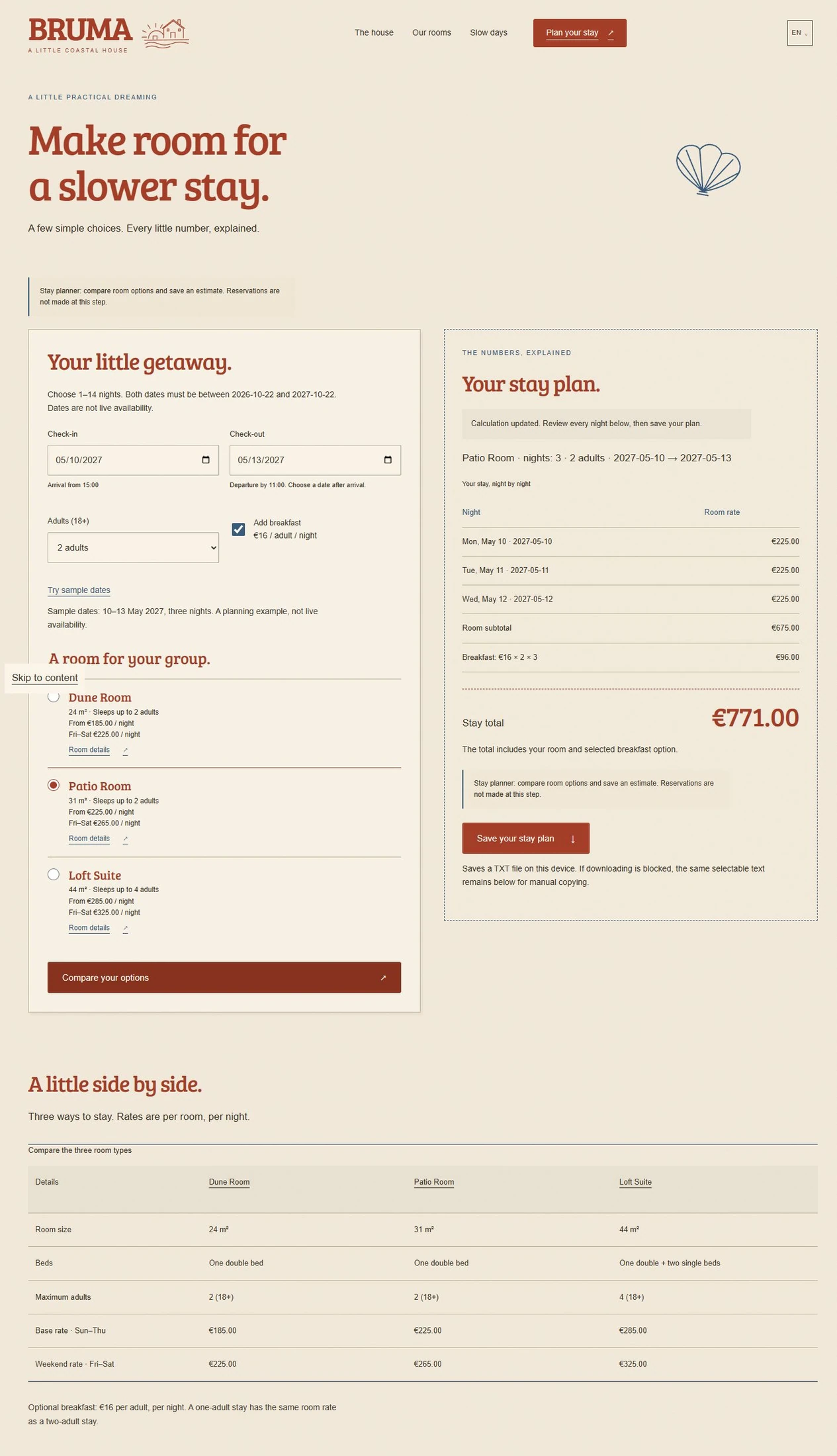 The real planner with three Patio nights, optional breakfast and a 771 euro total